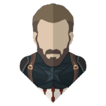 Ilustração minimalista do Capitão América, destacando seu rosto com barba e traje característico, incluindo a estrela no peitoral e alças.