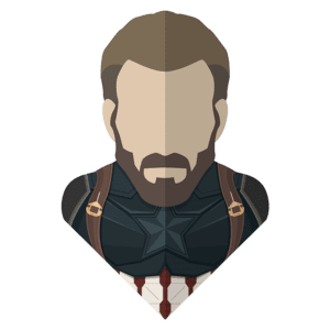 Ilustração minimalista do Capitão América, destacando seu rosto com barba e traje característico, incluindo a estrela no peitoral e alças.