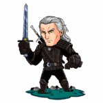 Personagem de fantasia em estilo cartoon, vestido com armadura escura, segurando uma espada em uma mão e com uma expressão determinada. Fundo simples com detalhes de pedras e grama.