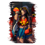 Imagem de uma personagem feminina inspirada na Mulher-Maravilha, vestindo roupa de boxe, com luvas vermelhas e um casaco com capuz. Ela exibe tatuagens pelo corpo, em um ambiente de academia com sacos de boxe ao fundo.