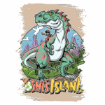 Ilustração de Yoshi montado em um dinossauro em um cenário tropical, com montanhas ao fundo e o texto "Yoshi's Island" em destaque. A arte possui um estilo colorido e divertido, representando o famoso jogo de vídeo game.