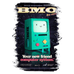 Imagem do produto oficial BMO, um sistema de computador inspirado na série "Adventure Time", com um design colorido e estilizado. O produto é apresentado em um fundo espacial, destacando sua temática divertida e amigável.