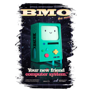 Imagem do produto oficial BMO, um sistema de computador inspirado na série "Adventure Time", com um design colorido e estilizado. O produto é apresentado em um fundo espacial, destacando sua temática divertida e amigável.