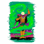 Ilustração de um personagem mágico vestido com uma armadura dourada e uma capa roxa, fazendo gestos com as mãos enquanto névoas verdes e estrelas brilham ao seu redor. Um símbolo triangular com um olho aparece atrás dele, sugerindo um tema místico e sobrenatural.