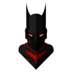 Ilustração de um super-herói parecido com o Batman, com traje predominantemente negro e detalhes em vermelho. O rosto é estilizado, com olhos vermelhos brilhantes e o símbolo do morcego no peito. A imagem tem fundo verde.