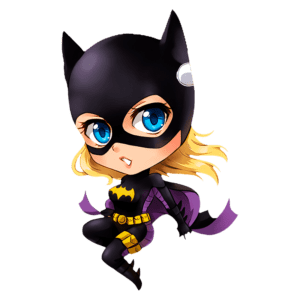 Ilustração de uma personagem feminina em estilo chibi, vestindo um traje preto de super-heroína com detalhes em roxo e amarelo, incluindo uma máscara e o símbolo de um morcego no peito. A personagem possui cabelos loiros e olhos azuis, transmitindo uma atitude destemida.
