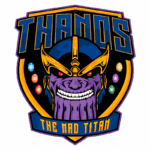Ilustração do personagem Thanos, conhecido como o Titã Louco, com um sorriso sinistro. Ele usa um capacete azul e dourado, e está cercado por seis pedras do infinito coloridas, destacando sua busca por poder no universo Marvel.