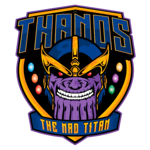Ilustração do personagem Thanos, conhecido como o Titã Louco, com um sorriso sinistro. Ele usa um capacete azul e dourado, e está cercado por seis pedras do infinito coloridas, destacando sua busca por poder no universo Marvel.