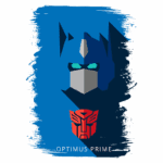 Ilustração estilizada do personagem Optimus Prime, com um fundo azul, destacando seu rosto e o emblema vermelho dos Autobots.