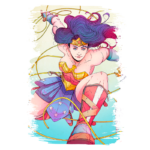 Ilustração da Mulher-Maravilha em ação, usando seu laço da verdade, com um traje icônico que inclui uma blusa dourada, saia azul e botas vermelhas. O fundo é colorido, destacando sua postura poderosa e confiante.