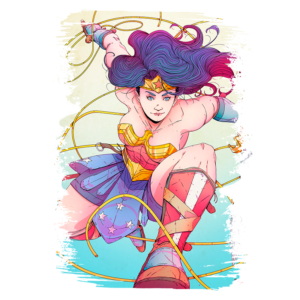Ilustração da Mulher-Maravilha em ação, usando seu laço da verdade, com um traje icônico que inclui uma blusa dourada, saia azul e botas vermelhas. O fundo é colorido, destacando sua postura poderosa e confiante.