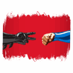 Mão preta fazendo o sinal de paz e mão azul fechada em punho sobre fundo vermelho, simbolizando um confronto entre estilos ou ideologias.
