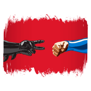 Mão preta fazendo o sinal de paz e mão azul fechada em punho sobre fundo vermelho, simbolizando um confronto entre estilos ou ideologias.