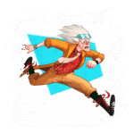 Personagem animado com cabelo branco e roupas coloridas, correndo com expressão determinada. Ele usa um relógio e óculos, em um fundo de textura azul.