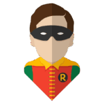Ilustração minimalista de um super-herói com manto, máscara e uniforme colorido, identificado como Robin. A imagem destaca o estilo icônico do personagem, popularizado em quadrinhos e filmes.