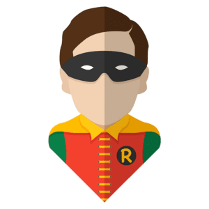 Ilustração minimalista de um super-herói com manto, máscara e uniforme colorido, identificado como Robin. A imagem destaca o estilo icônico do personagem, popularizado em quadrinhos e filmes.
