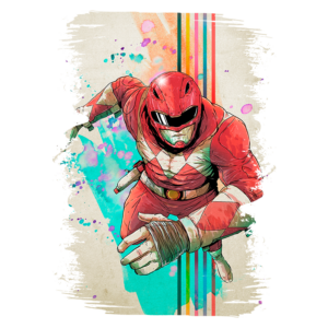 Ranger Vermelho em ação, vestido com uniforme icônico e detalhes vibrantes, cercado por elementos gráficos coloridos e uma estética de quadrinhos. Ideal para fãs de super-heróis e cultura pop.