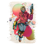 Ilustração de um personagem em um traje futurista com um casaco rosa, portando armas de fogo, flutuando em um fundo cósmico repleto de planetas e cores vibrantes. O personagem possui um visor no rosto e um cinto com dispositivos tecnológicos.