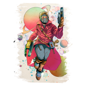 Ilustração de um personagem em um traje futurista com um casaco rosa, portando armas de fogo, flutuando em um fundo cósmico repleto de planetas e cores vibrantes. O personagem possui um visor no rosto e um cinto com dispositivos tecnológicos.