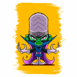 Personagem de desenho animado com pele verde e um grande chapéu cinza, vestindo um traje azul e roxo, com garras e uma expressão ameaçadora, em um fundo amarelo vibrante.