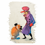 Personagens de desenho animado, um homem com um chapéu vermelho e um longo casaco roxo interagindo com um cachorro de pelagem laranja e preta, ambos exibindo expressões divertidas.