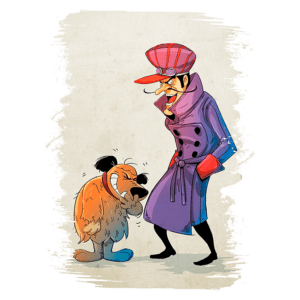 Personagens de desenho animado, um homem com um chapéu vermelho e um longo casaco roxo interagindo com um cachorro de pelagem laranja e preta, ambos exibindo expressões divertidas.