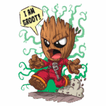Imagem de um personagem inspirado no Groot, da Marvel, com expressão determinada, usando um macacão vermelho e fazendo uma pose de ação. Ele exala energia com elementos como folhas e fumaça ao redor, e uma bolha de fala diz "I AM GROOT!". Ideal para fãs de quadrinhos e cultura pop.