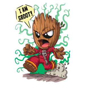 Imagem de um personagem inspirado no Groot, da Marvel, com expressão determinada, usando um macacão vermelho e fazendo uma pose de ação. Ele exala energia com elementos como folhas e fumaça ao redor, e uma bolha de fala diz "I AM GROOT!". Ideal para fãs de quadrinhos e cultura pop.
