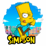 Bart Simpson, personagem icônico da série animada "Os Simpsons", faz uma careta enquanto segura um estilingue. Ao fundo, o cenário de Springfield, com a escola primária e o Krusty Burger visíveis.