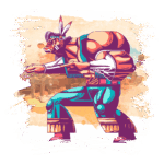 Personagem estilizado com elementos indígenas, em pose de ação, destacando traços musculosos e vestimenta colorida. Fundo artístico com referências a paisagens desérticas e elementos culturais.