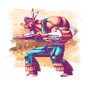 Personagem estilizado com elementos indígenas, em pose de ação, destacando traços musculosos e vestimenta colorida. Fundo artístico com referências a paisagens desérticas e elementos culturais.