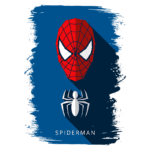 Cabeça do Homem-Aranha em estilo minimalista, com uma teia vermelha e um fundo azul, acompanhada por uma aranha estilizada e o texto "Spiderman". Ideal para fãs de quadrinhos e cultura pop.