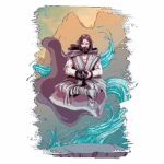 Imagem de um personagem místico meditando em uma plataforma flutuante cercada por águas turbulentas, com montanhas ao fundo, representando serenidade e poder espiritual.