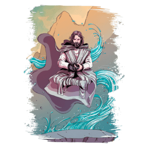Imagem de um personagem místico meditando em uma plataforma flutuante cercada por águas turbulentas, com montanhas ao fundo, representando serenidade e poder espiritual.