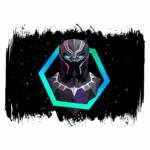 Imagem estilizada de um personagem inspirada em um super-herói, retratada em arte vetorial com formato geométrico. O fundo é preto com partículas coloridas, enquanto o personagem é mostrado em uma pose frontal usando uma máscara característica e detalhes em azul e prateado.