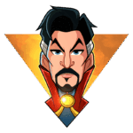 Ilustração de um personagem masculino com cabelo preto e barba, usando uma capa vermelha e um colar dourado, dentro de um fundo em tons de laranja. O personagem possui uma expressão séria e está em um formato de triângulo estilizado.