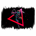 Imagem estilizada do Pantera Negra em um fundo preto, com um triângulo rosa em destaque. O personagem está em pose dinâmica, com detalhes geométricos coloridos, representando sua força e agilidade. Ideal para temas de quadrinhos, super-heróis e cultura pop.