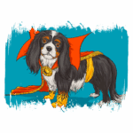 Cachorro da raça Cavalier King Charles Spaniel vestido com uma capa vermelha e acessórios dourados, posando em um fundo azul vibrante.