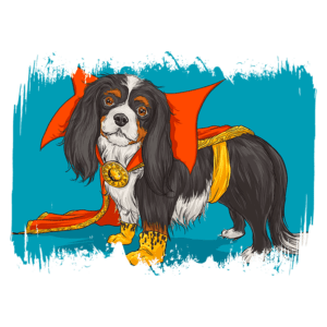 Cachorro da raça Cavalier King Charles Spaniel vestido com uma capa vermelha e acessórios dourados, posando em um fundo azul vibrante.