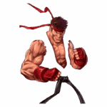 Personagem de luta com músculos definidos, usando um colete sem mangas e faixas vermelhas na cabeça e nas mãos, assumindo uma postura de combate. Este personagem é conhecido por suas habilidades em artes marciais e seu visual icônico.