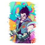 Ilustração de personagem masculino musculoso com cabelo desgrenhado, vestindo uma jaqueta azul e acessórios como uma corrente e um gancho. O fundo possui cores vibrantes e grafites coloridos, destacando um estilo artístico pop e elementos de ação.