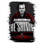 Ilustração do filme "The Shining", dirigido por Stanley Kubrick, apresentando o famoso personagem Jack Torrance, interpretado por Jack Nicholson, com uma máquina de escrever ao fundo. O design destaca elementos icônicos do terror moderno, como o padrão do tapete do hotel.