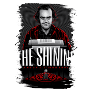 Ilustração do filme "The Shining", dirigido por Stanley Kubrick, apresentando o famoso personagem Jack Torrance, interpretado por Jack Nicholson, com uma máquina de escrever ao fundo. O design destaca elementos icônicos do terror moderno, como o padrão do tapete do hotel.