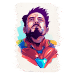 Retrato artístico de um homem com expressão decidida, usando uma armadura colorida, destacando-se com um fundo estilizado em tons suaves. Ideal para temas de super-heróis e ficção científica.