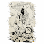 Imagem artística de Darth Vader em destaque, cercado por stormtroopers, com um fundo que remete ao universo de Star Wars. A arte apresenta um estilo de ilustração em preto e branco com toques de cor, capturando a essência do lado sombrio da Força.
