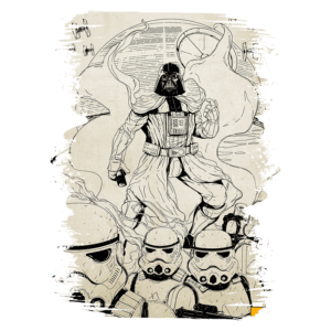 Imagem artística de Darth Vader em destaque, cercado por stormtroopers, com um fundo que remete ao universo de Star Wars. A arte apresenta um estilo de ilustração em preto e branco com toques de cor, capturando a essência do lado sombrio da Força.