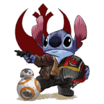 Personagem Stitch estilizado como um piloto da Aliança Rebelde com uma pistola na mão, ao lado do droide BB-8, em um fundo com símbolo da Aliança. Ilustração divertida que mistura elementos de Star Wars e Disney.
