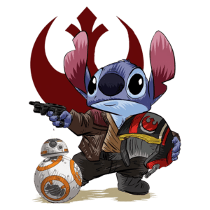 Personagem Stitch estilizado como um piloto da Aliança Rebelde com uma pistola na mão, ao lado do droide BB-8, em um fundo com símbolo da Aliança. Ilustração divertida que mistura elementos de Star Wars e Disney.