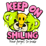 Ilustração colorida com três máscaras de animais, incluindo um urso e uma cabeça amarela, acompanhada da frase "Keep on smiling" em letras grandes e divertidas. O design transmite uma mensagem positiva e encorajadora sobre manter o sorriso.