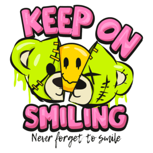 Ilustração colorida com três máscaras de animais, incluindo um urso e uma cabeça amarela, acompanhada da frase "Keep on smiling" em letras grandes e divertidas. O design transmite uma mensagem positiva e encorajadora sobre manter o sorriso.